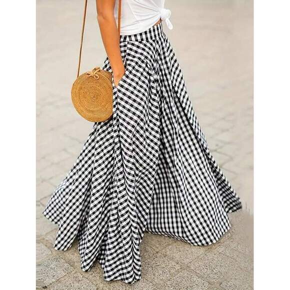 Dresses & Skirts - Women's Elegant Plaid Mid-Length High Waist Flared Skirt With Draping Effect, Sp